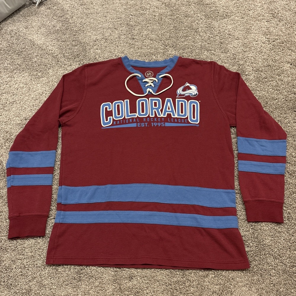NHL Colorado Avalanche Hockey Thermal Jersey Shirt SPELLOUT Logo Size XL